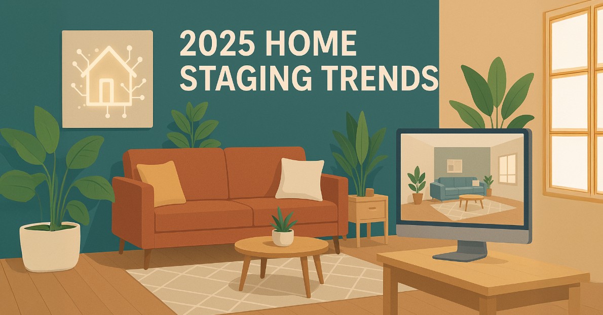 Split comparison showing 2025 AI-driven staging trends vs traditional staging with cost analysis overlay