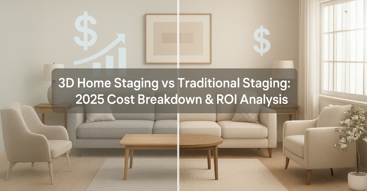 Split comparison showing professional 3D staged room vs traditional staging with cost breakdown overlay
