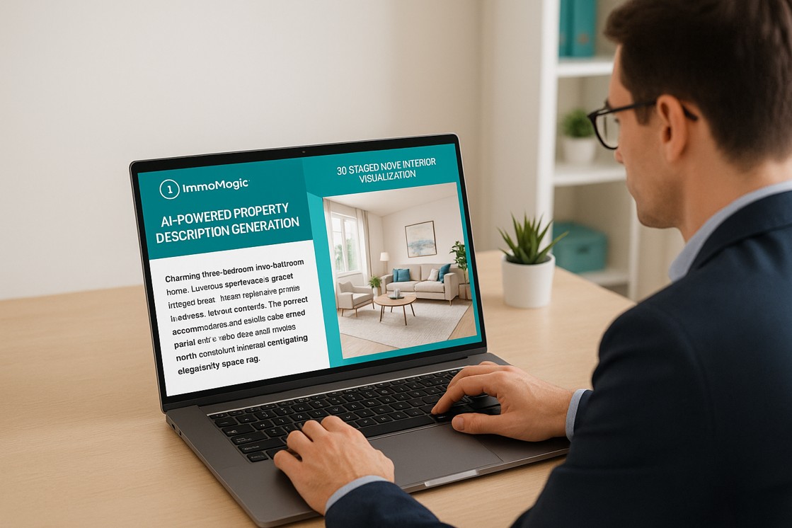 Split comparison showing AI-generated property description alongside professionally staged 3D room with before/after transformation