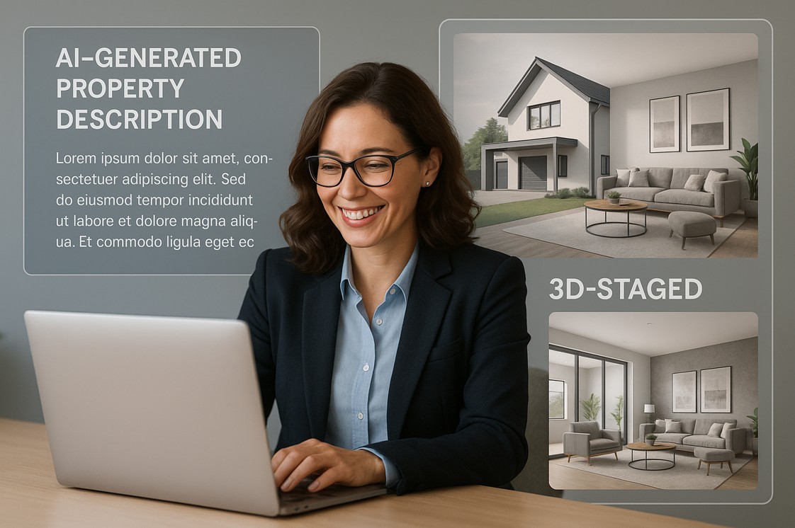 Split comparison showing estate agent struggling with property descriptions vs. agent using AI tools efficiently with 3D staging in background