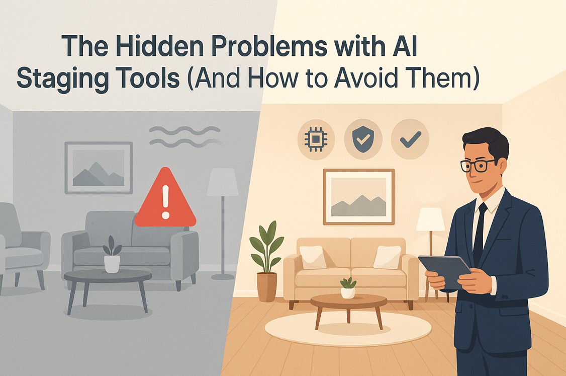 Split comparison showing AI staging disasters vs professional results with property description examples and cost analysis