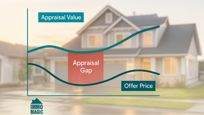 Split screen showing dated property vs. professional virtual renovation visualization for appraisal gap solution