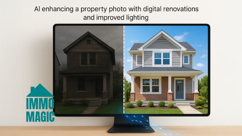 AI-powered property visualization showing before/after staging with property description examples and estate agent dashboard