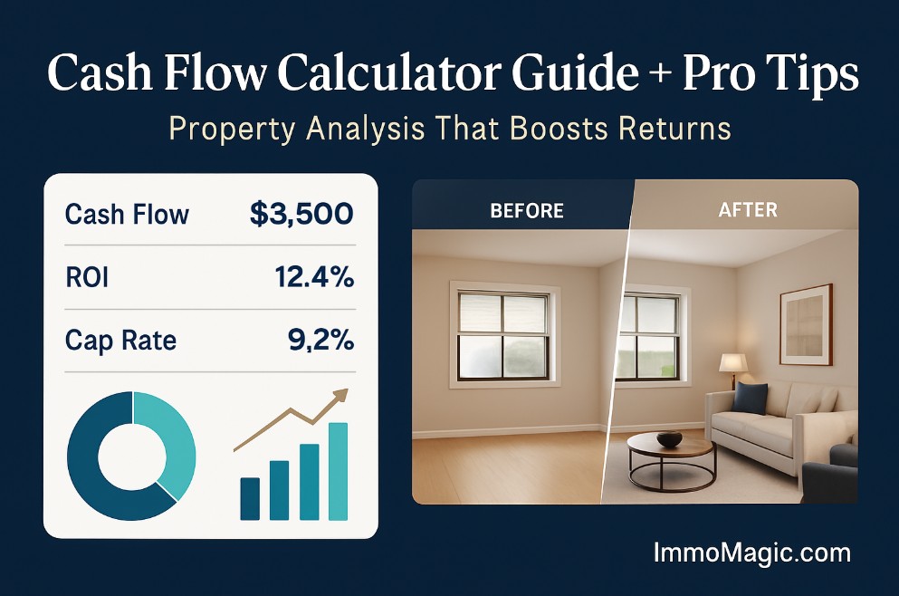 Advanced cash flow calculator interface alongside professionally staged property photos showing before and after virtual renovation results.