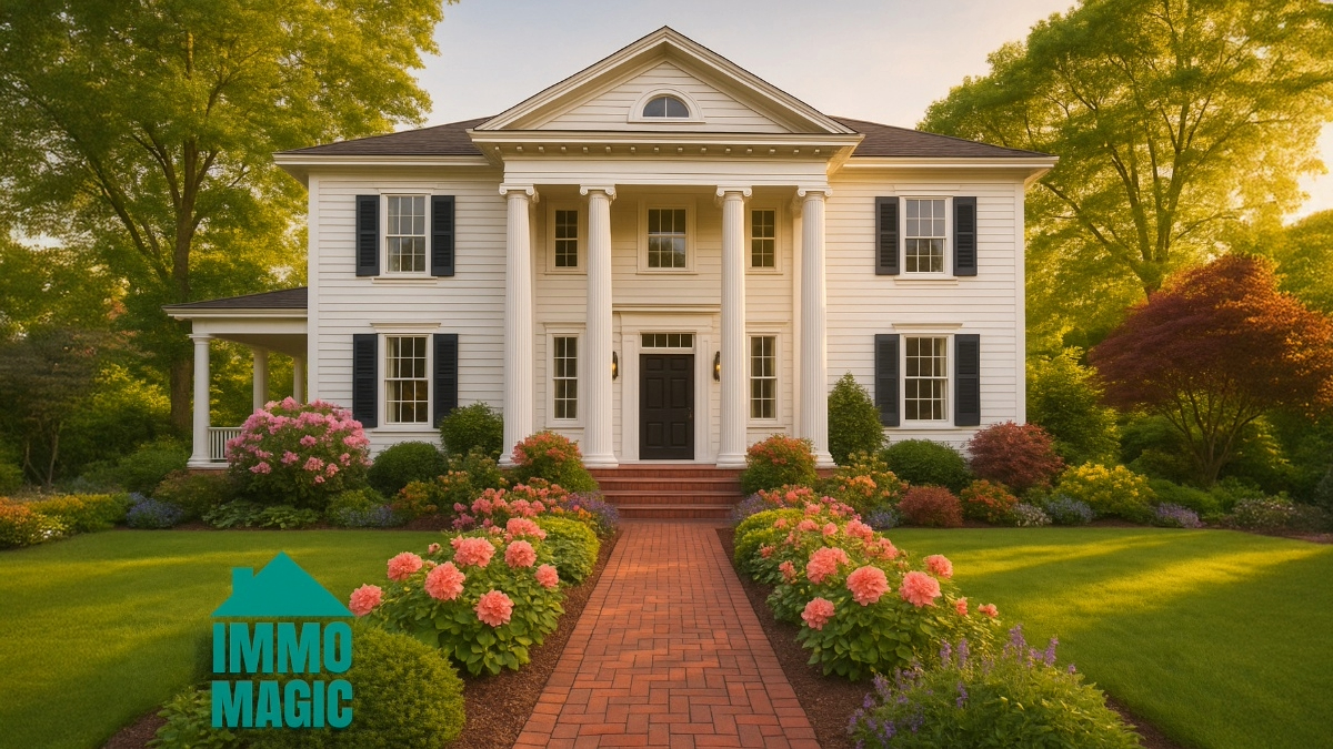 AI property visualization showing before/after curb appeal transformation with property description examples and estate agent analytics dashboard