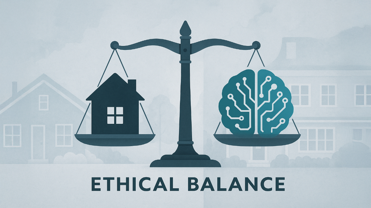 Ethical AI real estate visualization showing transparent before/after staging with property description examples and compliance guidelines