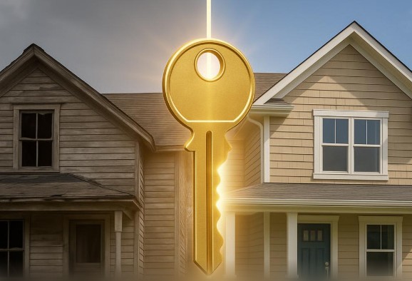 Split comparison showing fixer-upper before vs. professional AI staging transformation with property analysis overlay