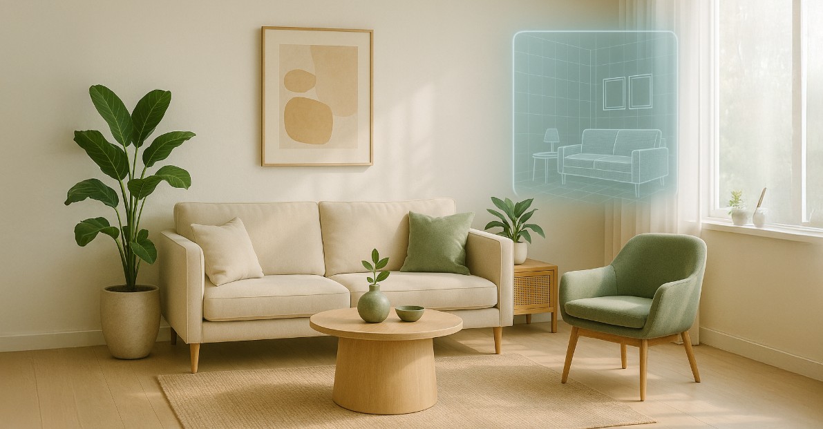 Split luxury living room comparison showing professional 3D staging vs bad virtual staging with property analysis data overlay