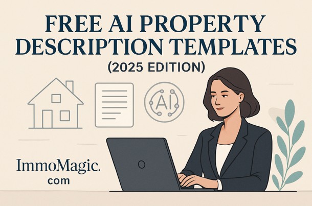 A laptop showing ImmoMagic's AI Description Generator next to a beautifully staged living room.