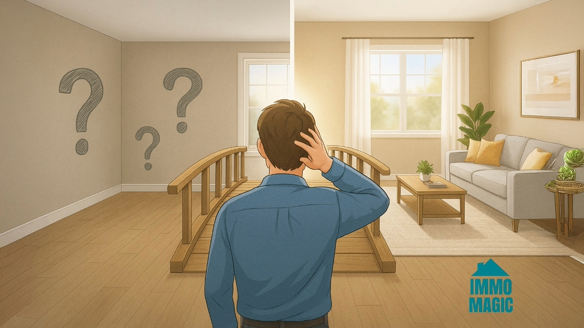 Before and after AI visualization showing buyer imagination gap solved through professional 3D staging with property description examples