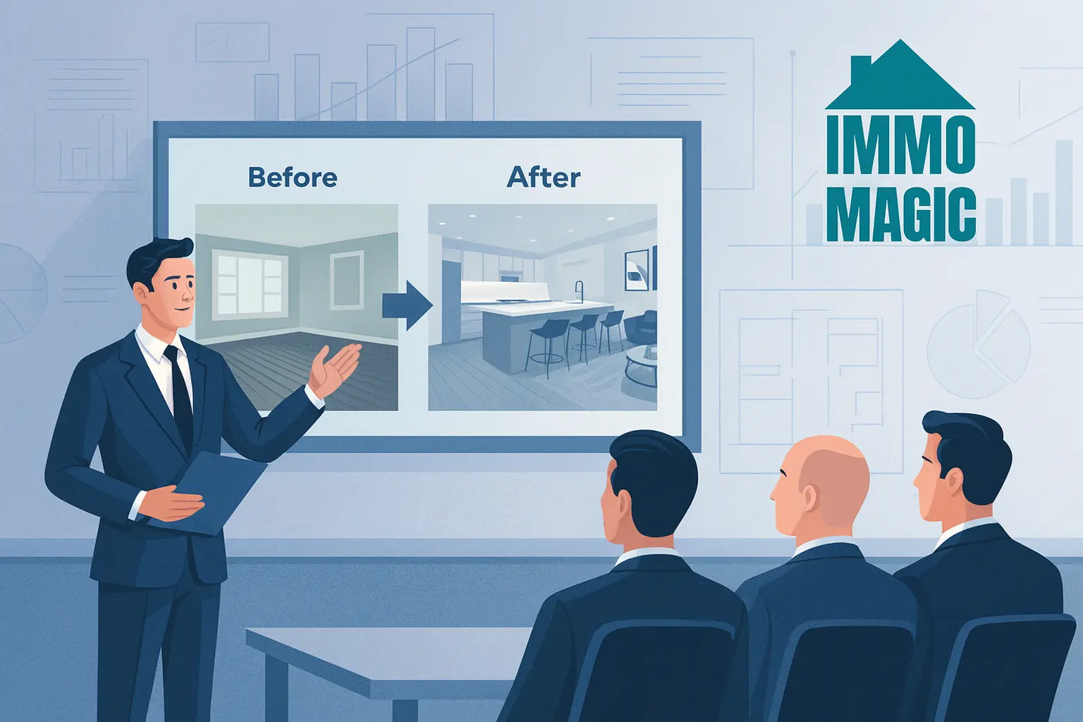 Investment committee reviewing real estate deal with property analysis tools, AI staging examples, and professional descriptions