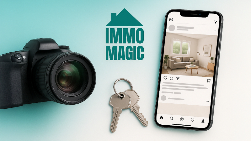 Real estate agent using 2025 digital marketing tactics including AI staging, property descriptions, and analytics on multiple devices