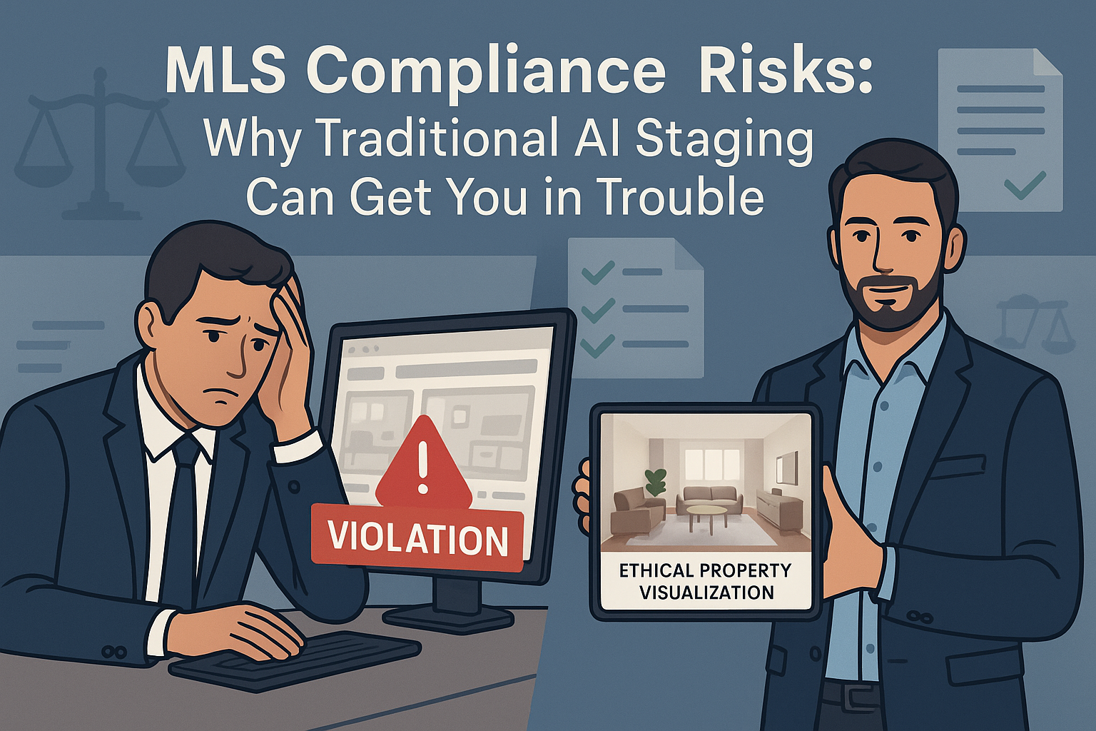 Legal compliance document with AI staging examples showing compliant vs. non-compliant property marketing approaches