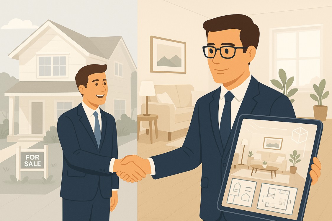 Real estate agent showing tablet with accurate 3D staged room to buyers inside actual unimproved space, demonstrating professional follow-up strategy