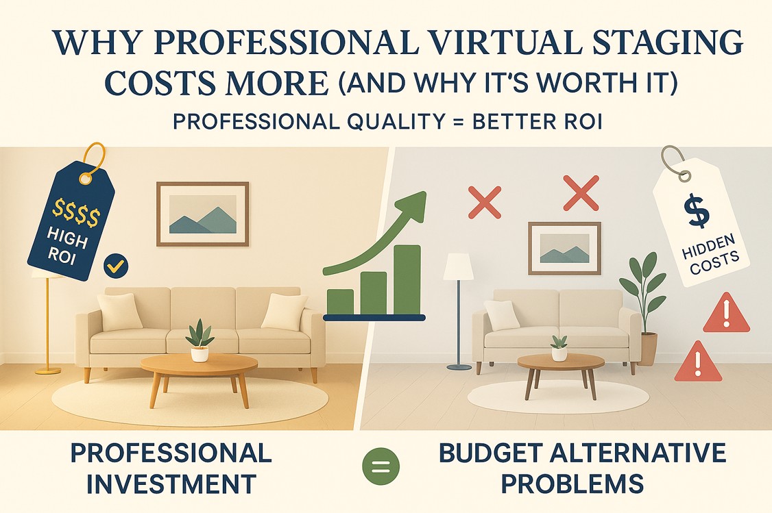 Professional virtual staging pricing comparison chart with before/after property transformations and ROI calculations