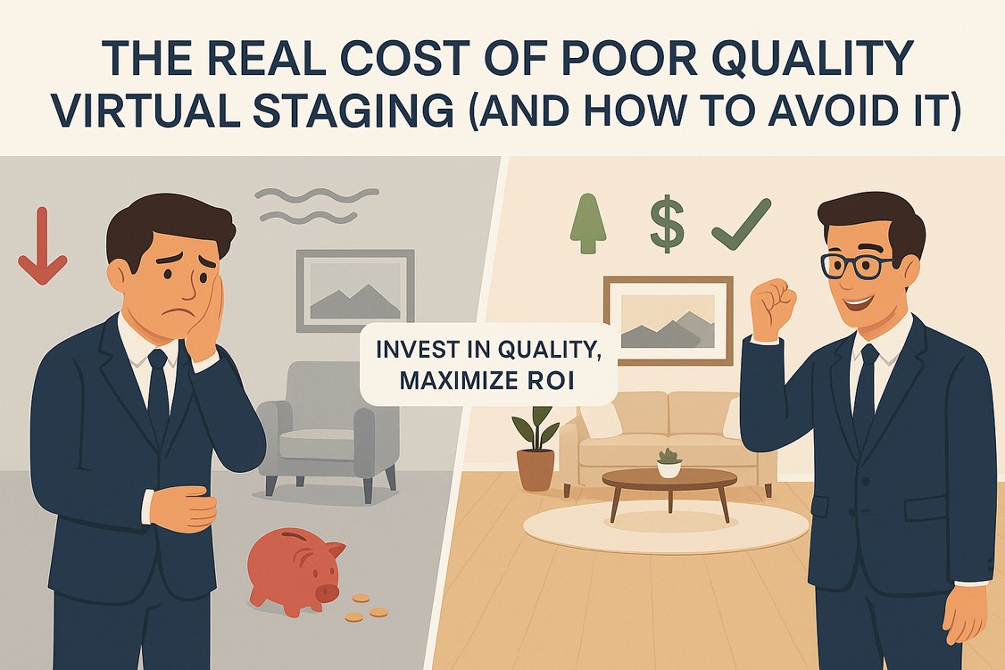 Split comparison showing poor vs. professional virtual staging with cost analysis and property description examples