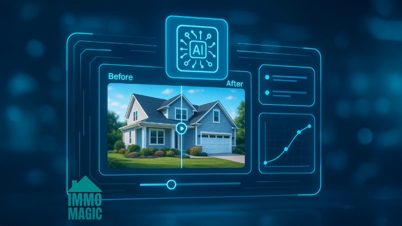 Futuristic AI-powered real estate marketing dashboard showing property descriptions and 3D staging tools with data analytics