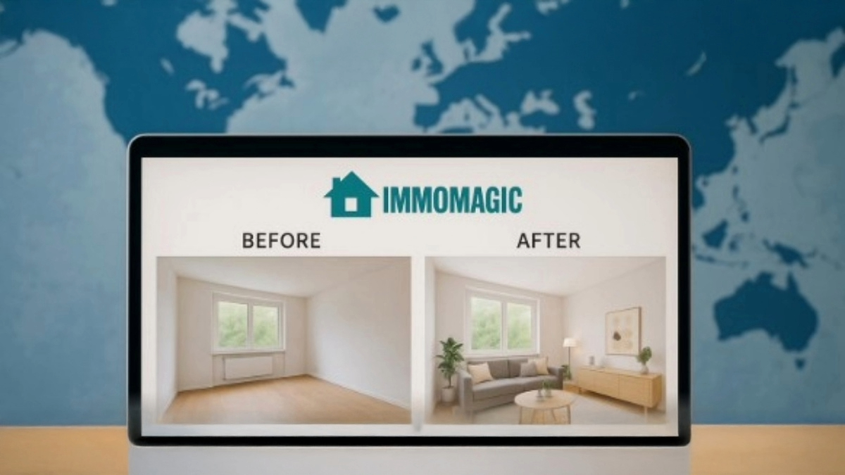 Split screen showing remote buyer analyzing properties online with AI staging and property analysis tools interface