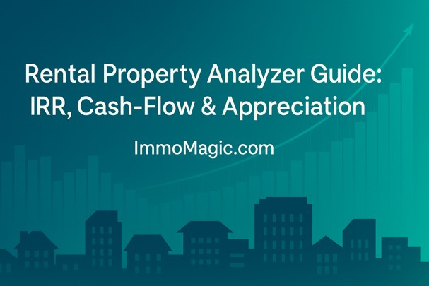 A spreadsheet for rental property analysis on a laptop next to a staged living room