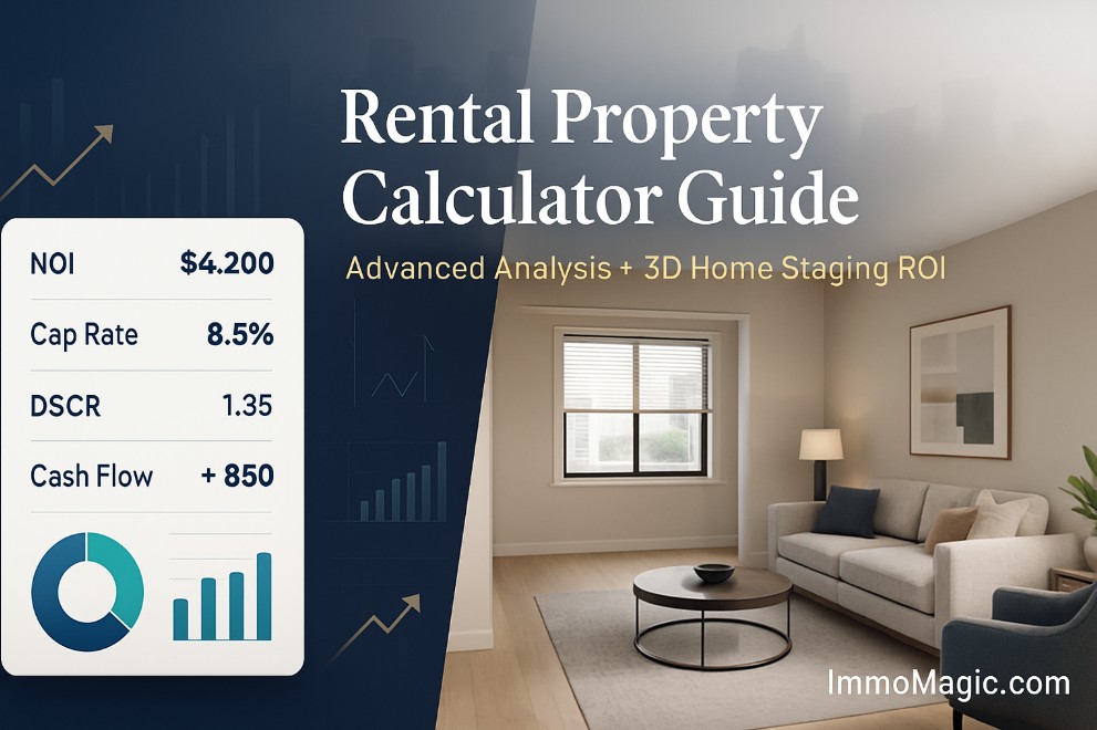 Advanced rental property calculator interface alongside professionally staged 3D living room showing before and after virtual renovation results