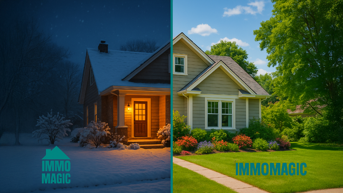 Split comparison showing same property staged for different seasons - summer pool party vs winter cozy fireplace with AI staging technology overlay