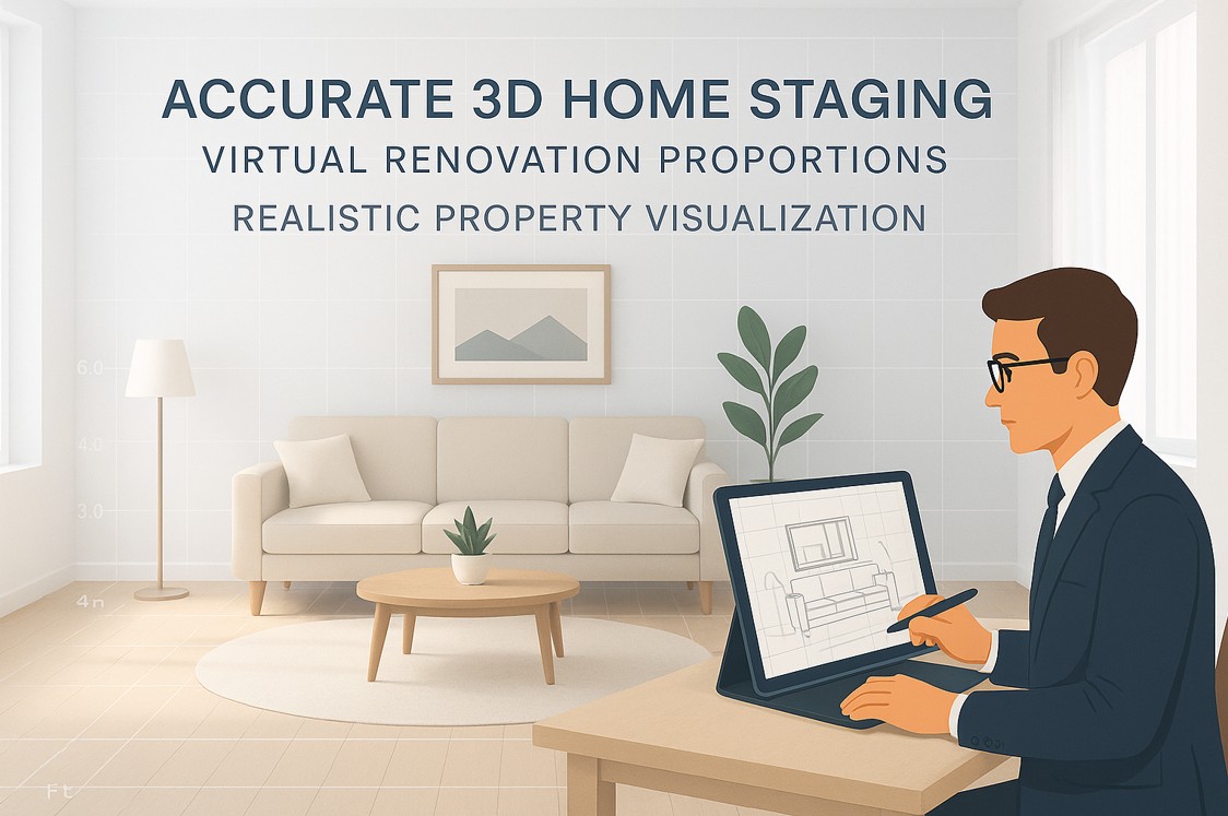 Split comparison showing accurate vs. inaccurate 3D staging proportions with technical overlay showing measurement differences