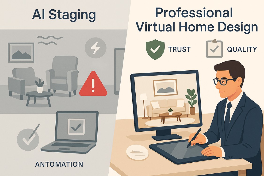 Split comparison showing AI staging vs professional virtual home design with property description examples and cost analysis overlay