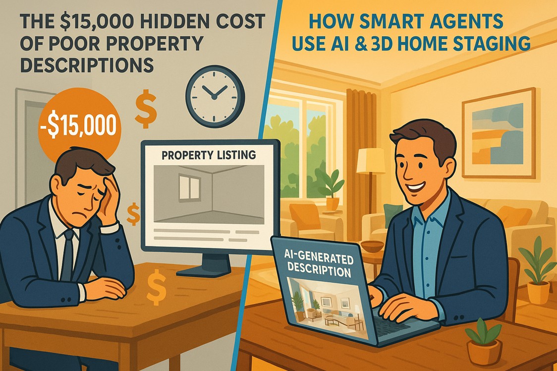 Split comparison showing poor vs professional property descriptions with financial impact analysis and AI staging integration