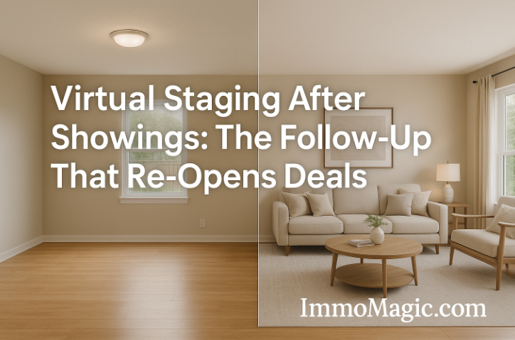 Before-and-after living room showing empty space and virtually staged version used in a follow-up email