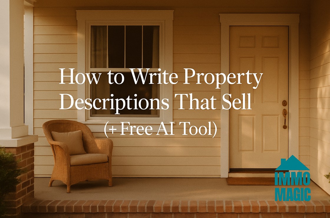 Real estate agent writing compelling property descriptions with AI tools and 3D staging examples on screen showing before/after results